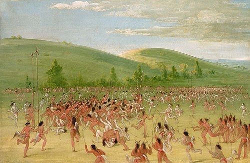 Ball-play of the Choctaw--ball up, 1834, George Catlin
