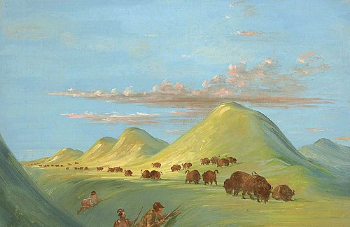 Batiste, Bogard, and I Approaching Buffalo on the Missouri, 1838, George Catlin