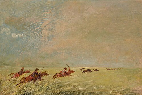Bogard, Batiste, and I Chasing Buffalo in High Grass on a Missouri Bottom, 1838, George Catlin