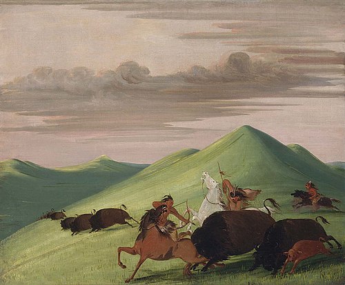 Buffalo Chase, Bull Protecting a Cow and Calf, 1832, George Catlin