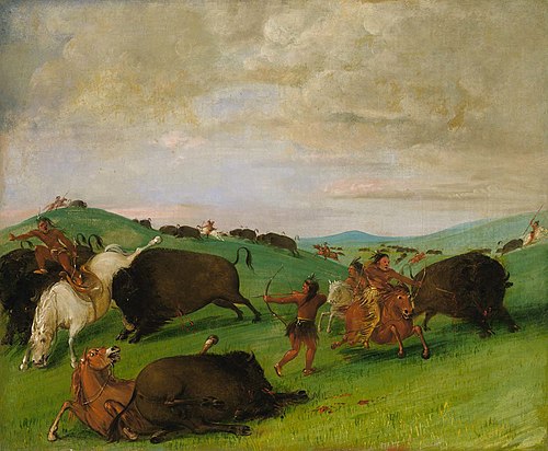 Buffalo Chase, Bulls Making Battle with Men and Horses, 1832, George Catlin