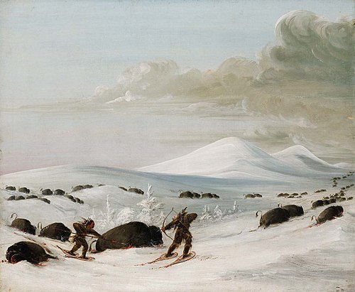 Buffalo Chase in Snowdrifts, Indians Pursuing on Snowshoes, 1832, George Catlin