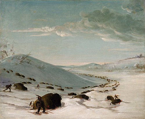 Buffalo Chase in Winter, Indians on Snowshoes, 1832, George Catlin