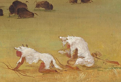 Catlin and His Indian Guide Approaching Buffalo under White Wolf Skins, 1847, George Catlin