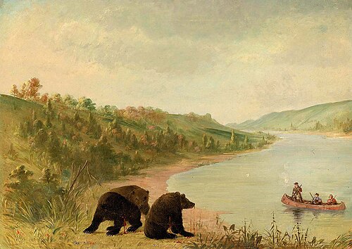 Catlin and His Men in Their Canoe, Urgently Solicited to Come Ashore, Upper Missouri, 1847, George Catlin