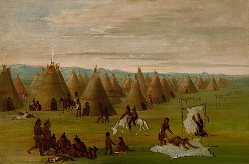 Comanche Village, Women Dressing Robes and Drying Meat, 1834, George Catlin