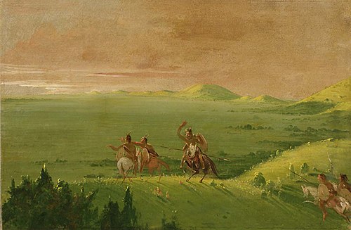 Comanche War Party, Chief Discovering the Enemy and Urging his Men at Sunrise, 1834, George Catlin