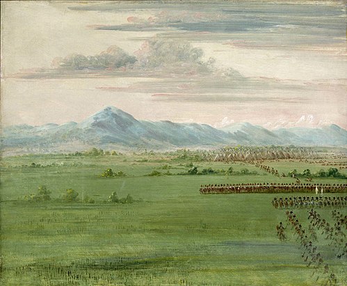 Comanche Warriors, with White Flag, Receiving the Dragoons, 1834, George Catlin