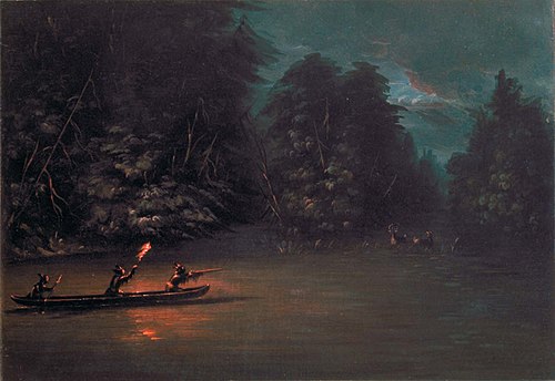 Deer Hunting by Torchlight in Bark Canoes, 1847, George Catlin