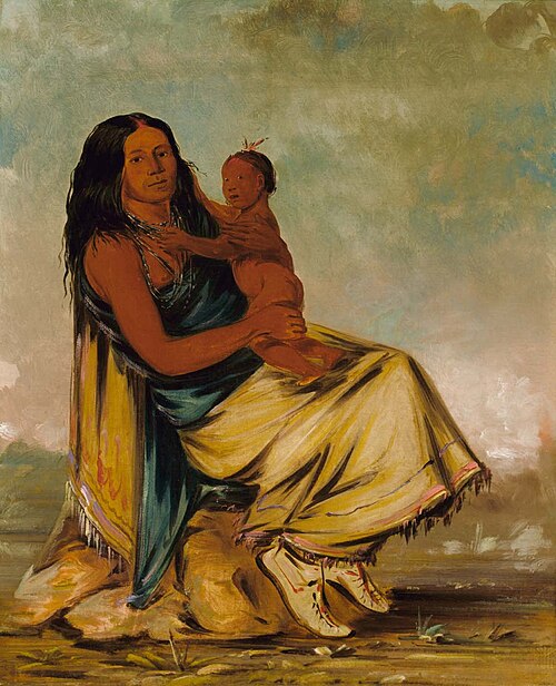 Wáh-chee-te, Wife of Cler-mónt, and Child, 1834, George Catlin