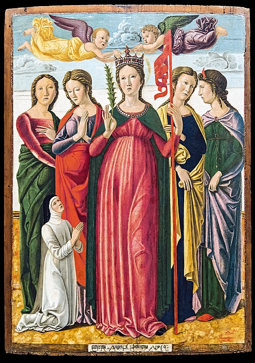 St Ursule avec quatre saintes et une nonne en adoration, 1456, Catherine de Bologne