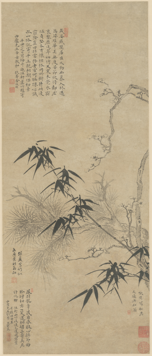 金俊明归藏钦揖合作三友轴, , Jin Junming