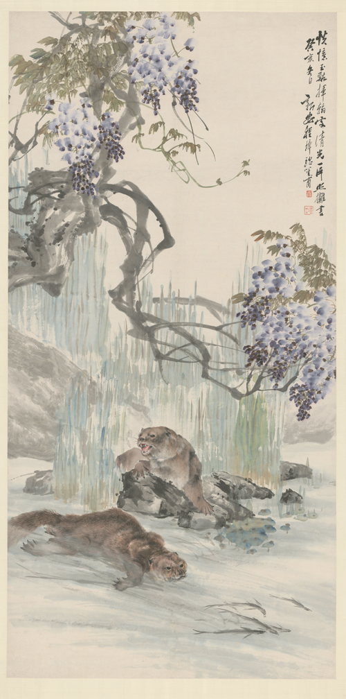 程璋紫藤水獭图轴, 1923, Zhang Cheng
