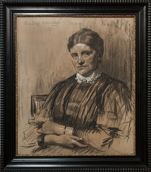 Portret "Mevr. Christine Friederike van Heek - Meier" houtskool op papier door Thérese van Duyl-Schw, 1909, Thérèse Schwartze