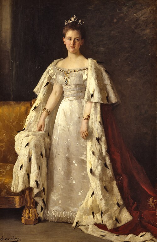 Portrait of Queen Wilhelmina in coronation robes, 1898, Thérèse Schwartze