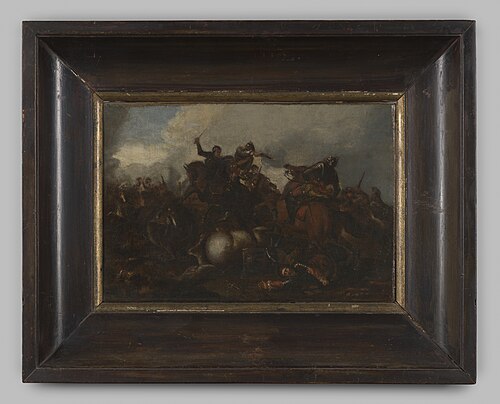 Schildering "Veldslag" olieverf op hout, door Georg Philipp Rugendas, ingelijst, 1742, Georg Philipp Rugendas the Elder