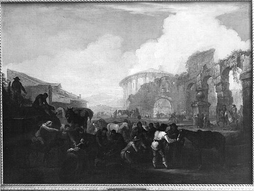 Travelers at a stopping place with ruins in the background, 1695, Georg Philipp Rugendas the Elder
