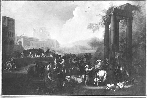 Horse market at a ruin of a Roman aqueduct, 1707, Georg Philipp Rugendas the Elder
