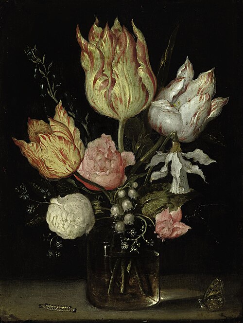 Tulips, roses, a bluebell, narcissus, lily of the valley in a glass vase, 1610, Ambrosius Bosschaert