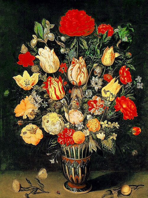 Bloemen in een steengoed vaas, goudsbloem, abrikoos en insecten, 1650, Ambrosius Bosschaert