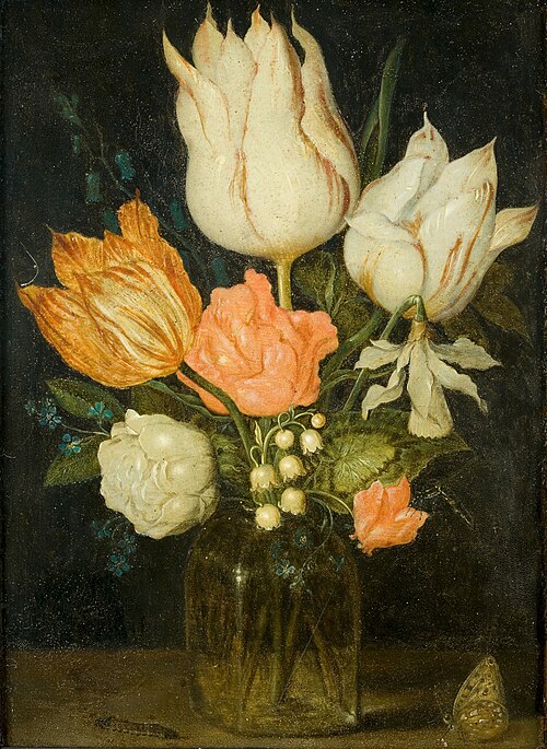 Flowers in a square glass vase, 1700, Ambrosius Bosschaert