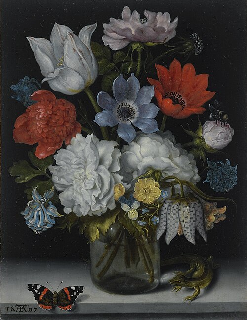 A Still Life of Flowers in a Glass Flask on a Marble Ledge, Flanked by a Red Admiral Butterfly and a, 1607, Ambrosius Bosschaert