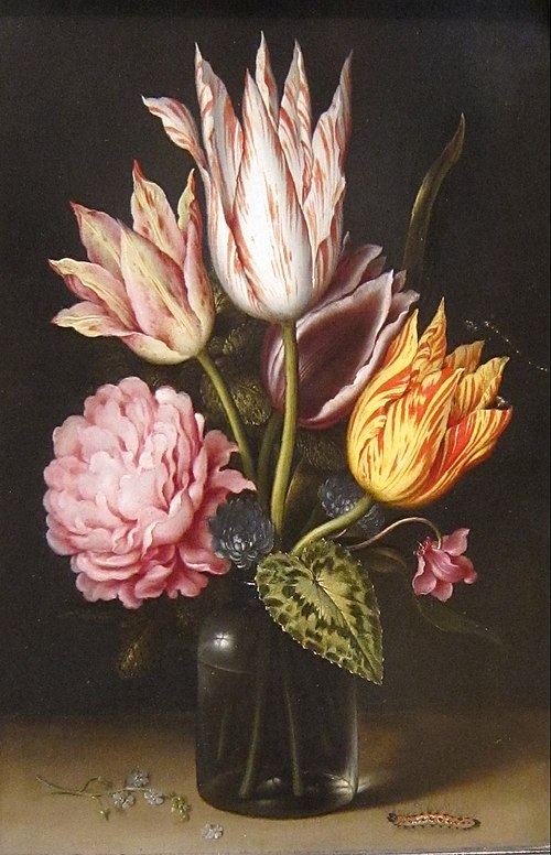 Still Life with Bouquet of Tulips, a Rose, Clover, and Cyclamen in a Green Glass Bottle, 1610, Ambrosius Bosschaert