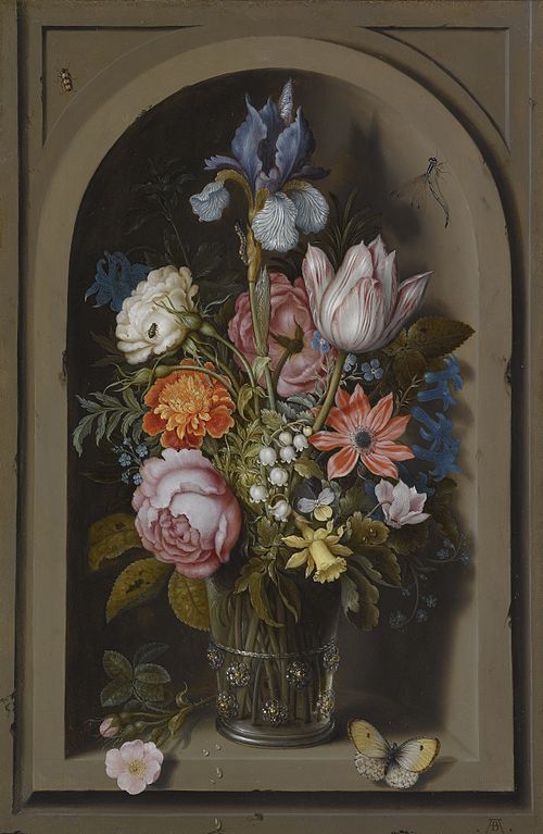 A still life of flowers in a glass beaker, 1610, Ambrosius Bosschaert