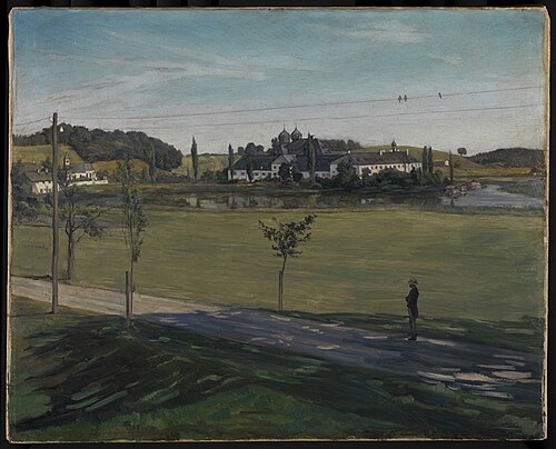 Landschaft bei Kloster Seeon mit Telegraphenstange, 1891, Wilhelm Trübner