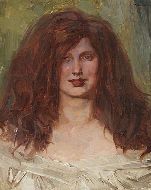 Brustbild eines jungen Mädchens mit aufgelöstem rotem Haar., 1911, Wilhelm Trübner