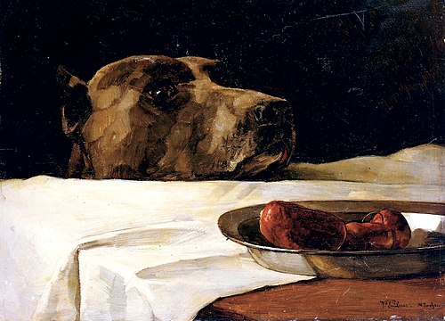 Dogge mit Wurstschüssel. »Caesar am Rubikon«, 1878, Wilhelm Trübner