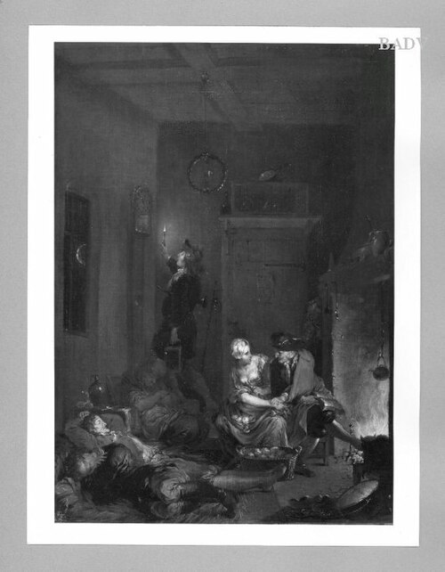 Poststation: sleepers in a room at the fire, 1779, Januarius Zick