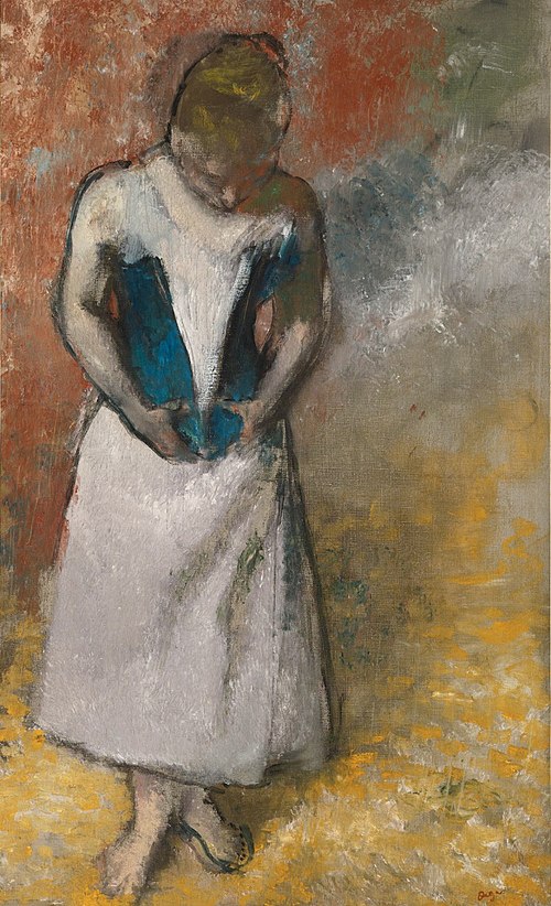 Woman standing and looking ahead closing her corset, , Edgar Degas