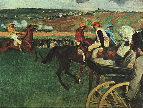 Le champ de courses. Jockeys amateurs près d'une voiture, 1874, Edgar Degas