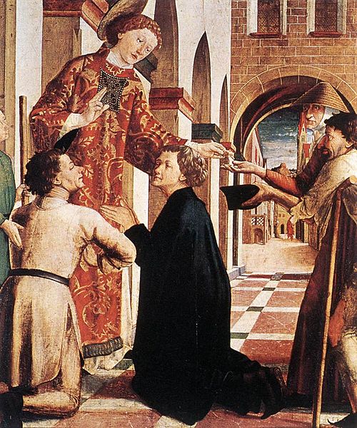 Laurentius-Altar: Almosenspende des hl. Laurentius, 1467, Michael Pacher