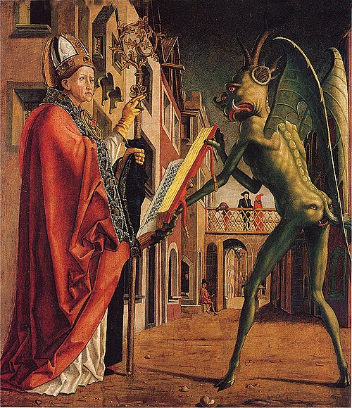Kirchenväteraltar, Flügelaußenseite: Der Teufel weist dem hl. Augustinus das Buch der Laster vor, 1471, Michael Pacher
