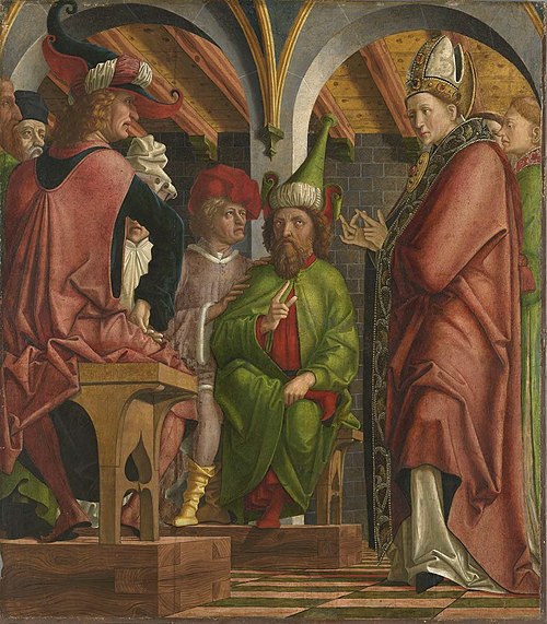 Kirchenväteraltar, Flügelaußenseite: Disputation des hl. Augustinus mit den Häretikern, 1480, Michael Pacher