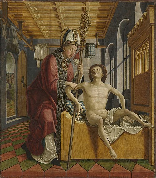 Kirchenväteraltar, Flügelaußenseite: Der hl. Augustinus heilt den Stiftsprobst, 1480, Michael Pacher