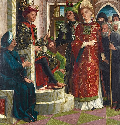 Der hl. Laurentius vor Kaiser Decius, 1465, Michael Pacher