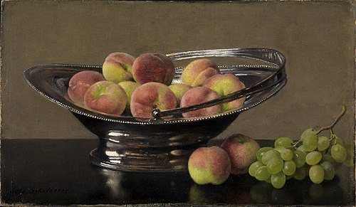 Pfirsiche in einem Silberkörbchen, 1869, Otto Scholderer