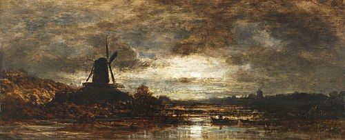 Holländische Flusslandschaft mit Mühle bei Mondschein, 1855, Eduard Schleich