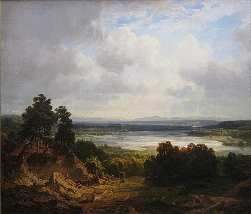 Das Isarbett bei München mit Aussicht auf die bayerischen Alpen, 1858, Eduard Schleich
