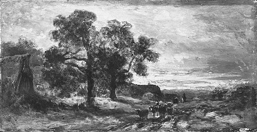 Zwei Bauernhäuser unter Bäumen mit vorbeiziehender Rinderherde, 1870, Eduard Schleich
