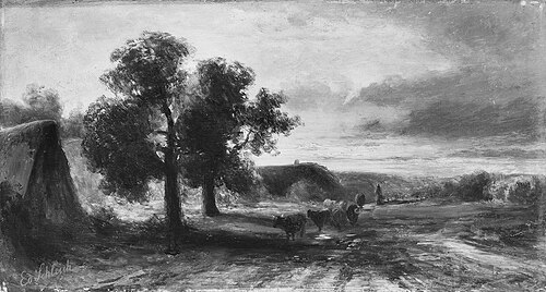 Zwei Bauernhäuser unter Bäumen mit vorbeiziehender Rinderherde, 1865, Eduard Schleich