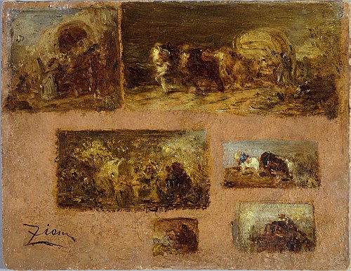 Panneau de six études de chariot (au recto) ; Paysage (au verso), 1843, Félix Ziem