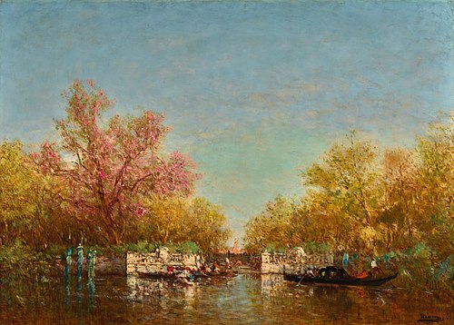 Gondolas In Front Of The French Gardens, Venice, , Félix Ziem
