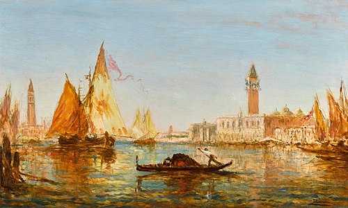 Venice, gondola and sailboats in front of the Doge's Palace and San Giorgio Maggiore, , Félix Ziem
