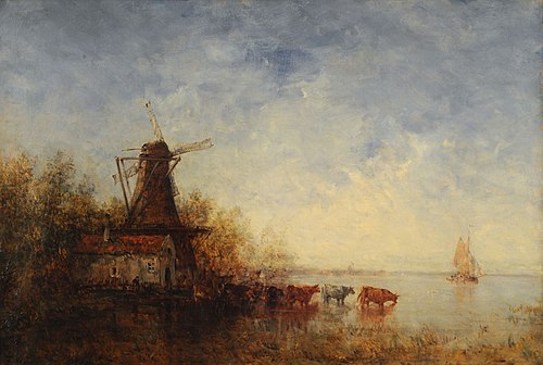 Windmill on riverbank, 1850, Félix Ziem