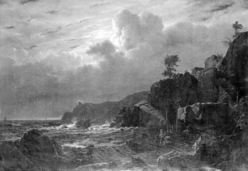 View of Kullen in Sweden. Smugglers Hiding their Goods among the Rocks. Moonlight, 1834, Louis Gurlitt