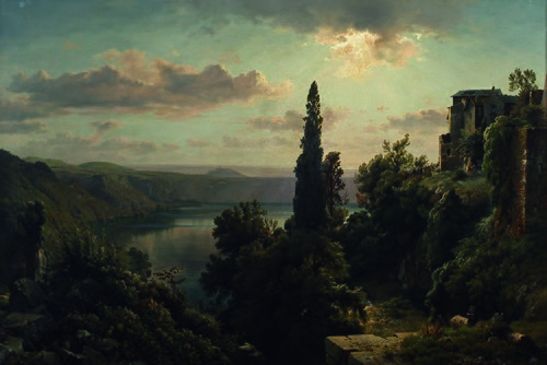 Ansicht des Nemisees im Albanergebirge bei Rom, 1850, Louis Gurlitt